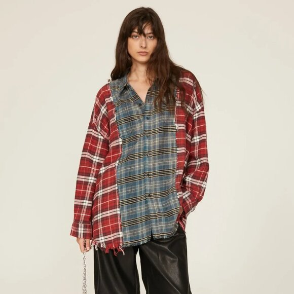 DROP NECK COMBO WORK SHIRT grey and blue plaid - Picture 1 of 9